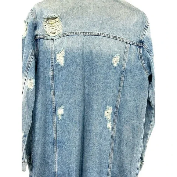 Mustard Seed Women L Destructed Denim Blue Jacket Long Jean Button Up Biker R4 - Picture 10 of 12